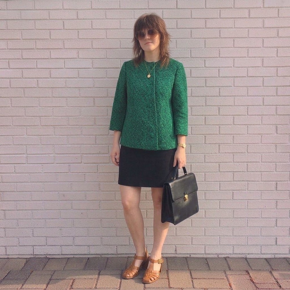 Vintage 70s Jacket Womens Small Green Black Textured Mod Blazer Career Office **